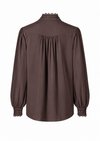 A dark brown long-sleeve blouse with lace trim at the mock neck, shoulders, cuffs, and hem, shown from the back on a white background.