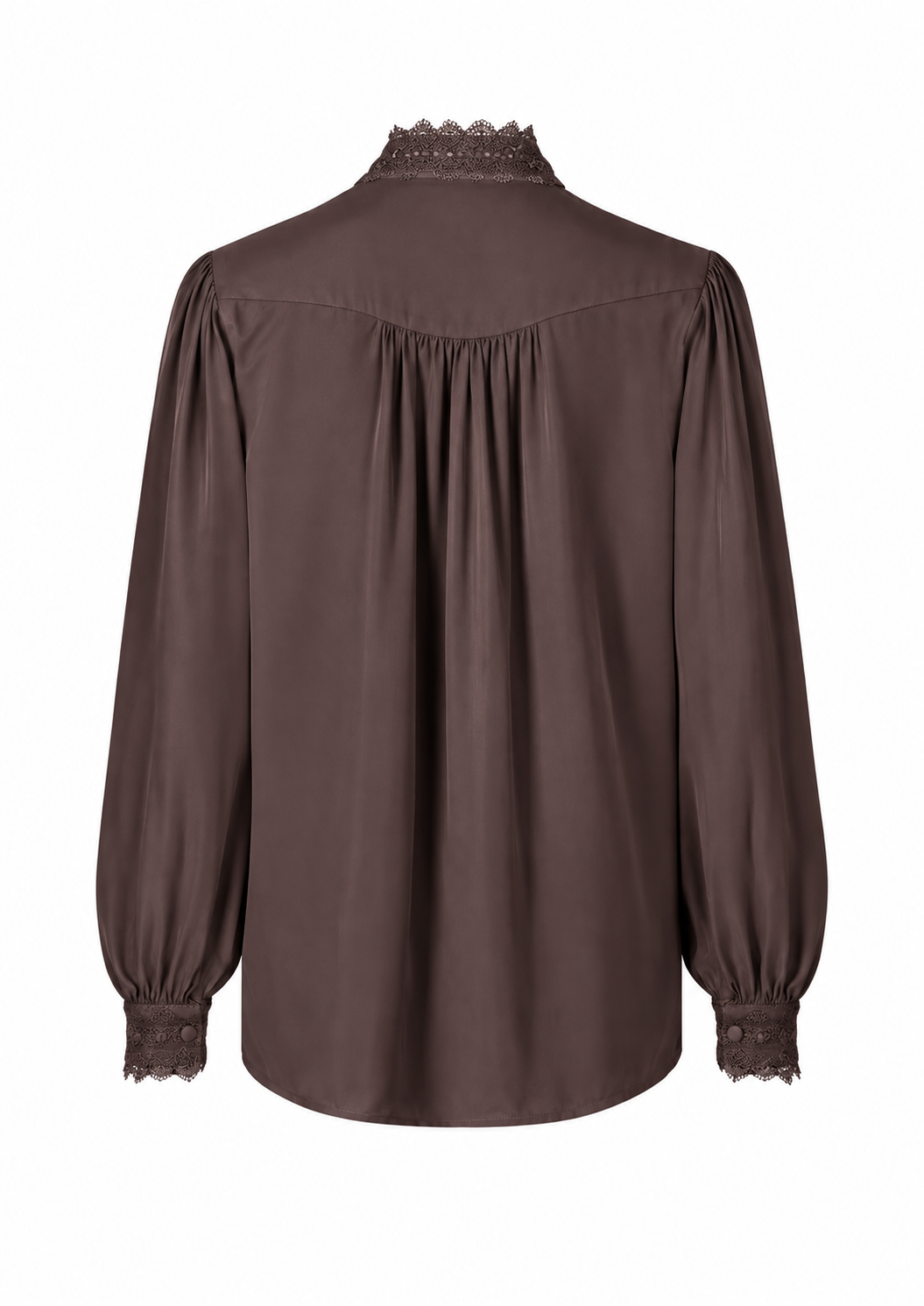 A dark brown long-sleeve blouse with lace trim at the mock neck, shoulders, cuffs, and hem, shown from the back on a white background.