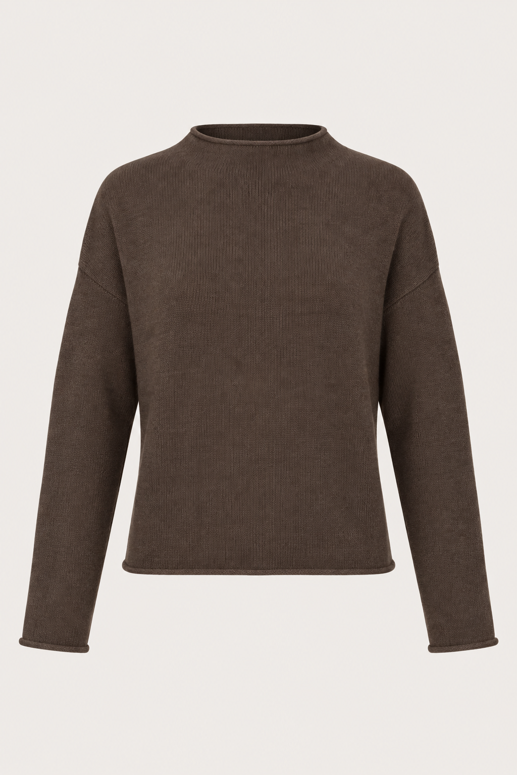 flat lay image of a chocolate brown lightweight knit jumper with a short turtle neck 