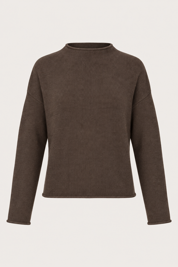 flat lay image of a chocolate brown lightweight knit jumper with a short turtle neck 