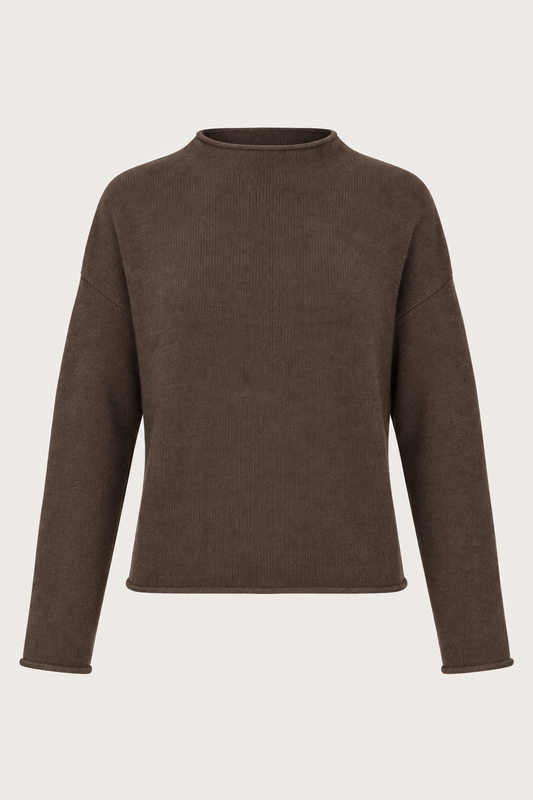flat lay image of a chocolate brown lightweight knit jumper with a short turtle neck 