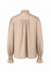 A beige long-sleeve blouse with a ruffled mock neck, gathered waist, and ruffled cuffs, shown from the back on a white background.