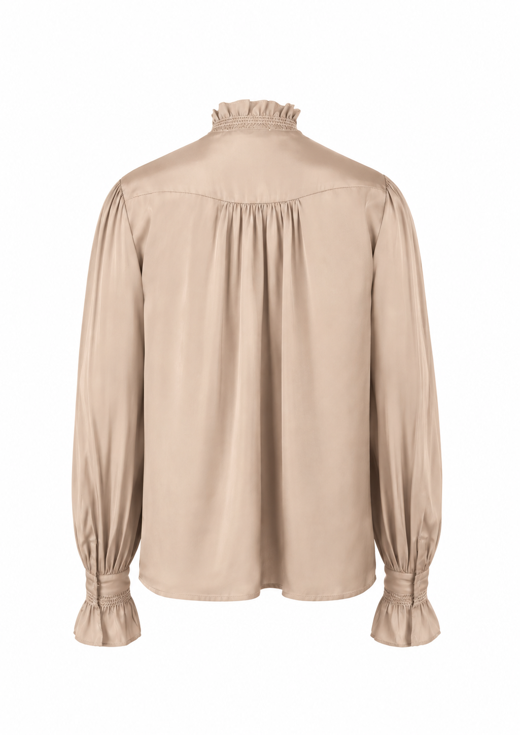 A beige long-sleeve blouse with a ruffled mock neck, gathered waist, and ruffled cuffs, shown from the back on a white background.