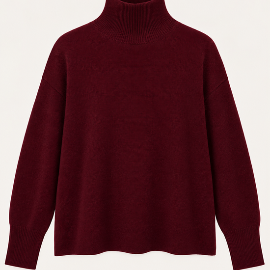 flat lay image of a dark red turtle neck knit 