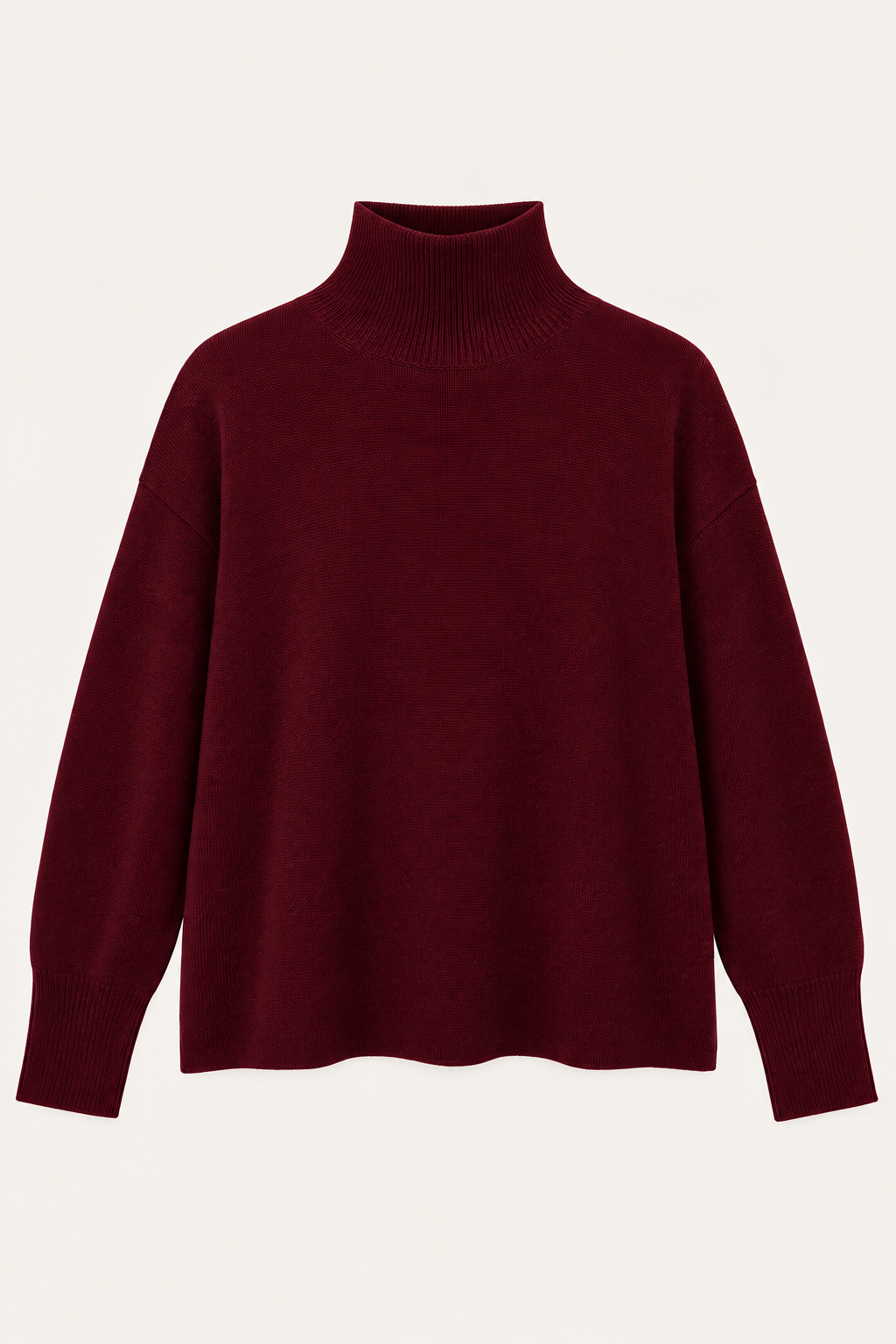 flat lay image of a dark red turtle neck knit 