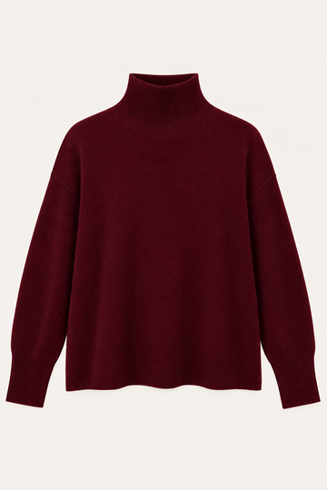 flat lay image of a dark red turtle neck knit 