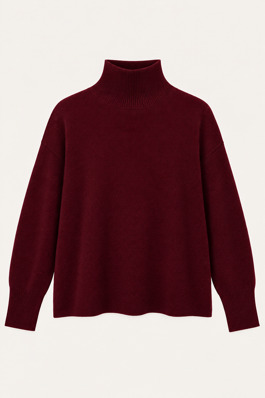 flat lay image of a dark red turtle neck knit 