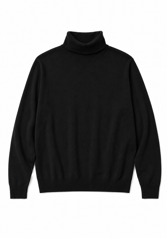 Black turtleneck sweater on a white background