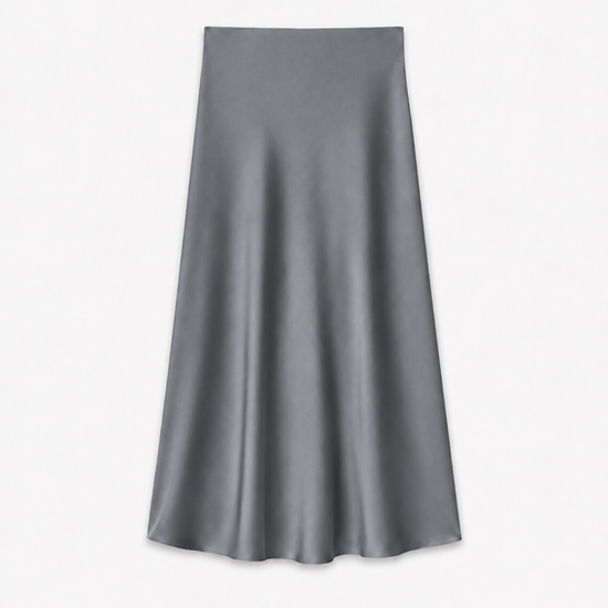 grey skirt on a white background as a flat lay 
