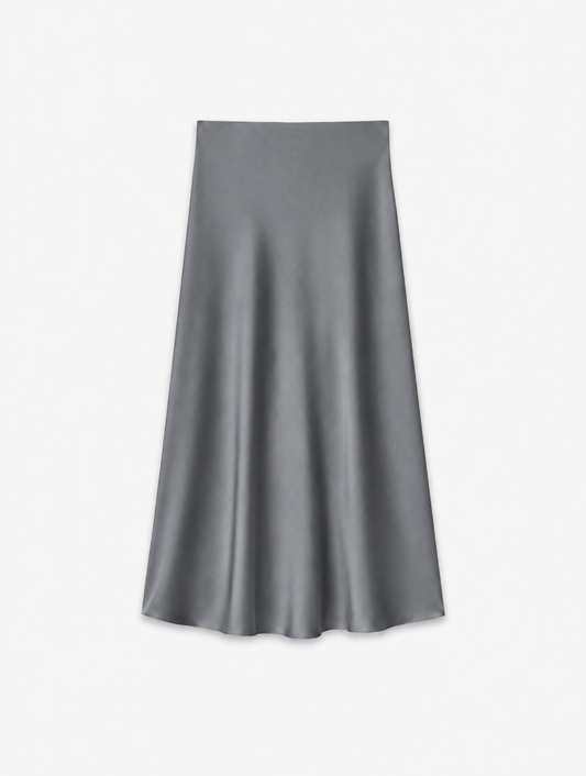 grey skirt on a white background as a flat lay 