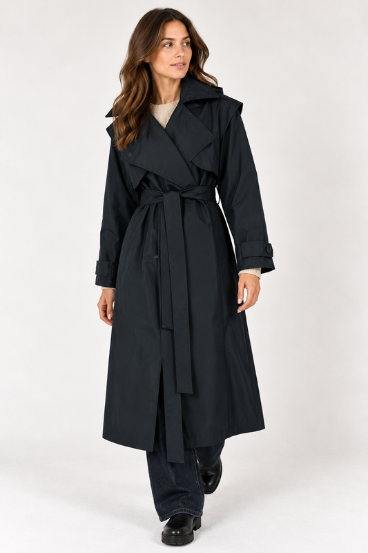 model wearing a longer navy trench coat against a plain background