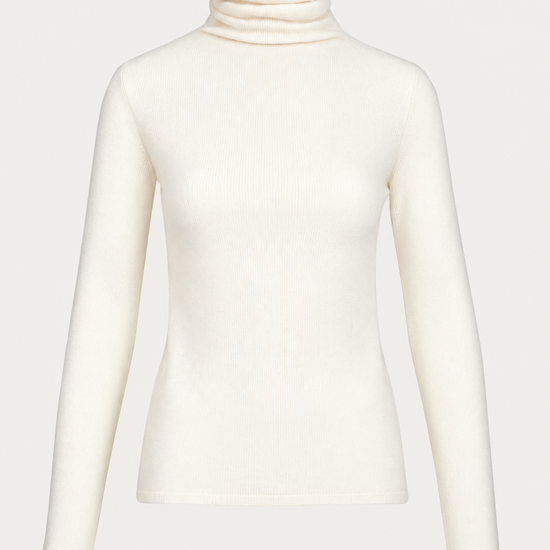 An off-white ribbed long-sleeve turtleneck sweater displayed on a ghost mannequin against a light beige background.