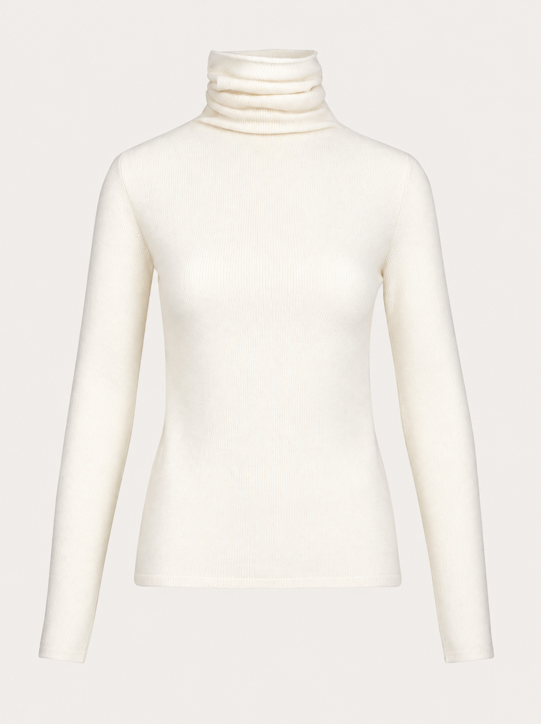 An off-white ribbed long-sleeve turtleneck sweater displayed on a ghost mannequin against a light beige background.