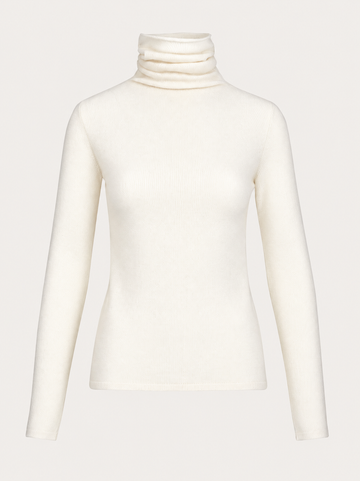 An off-white ribbed long-sleeve turtleneck sweater displayed on a ghost mannequin against a light beige background.