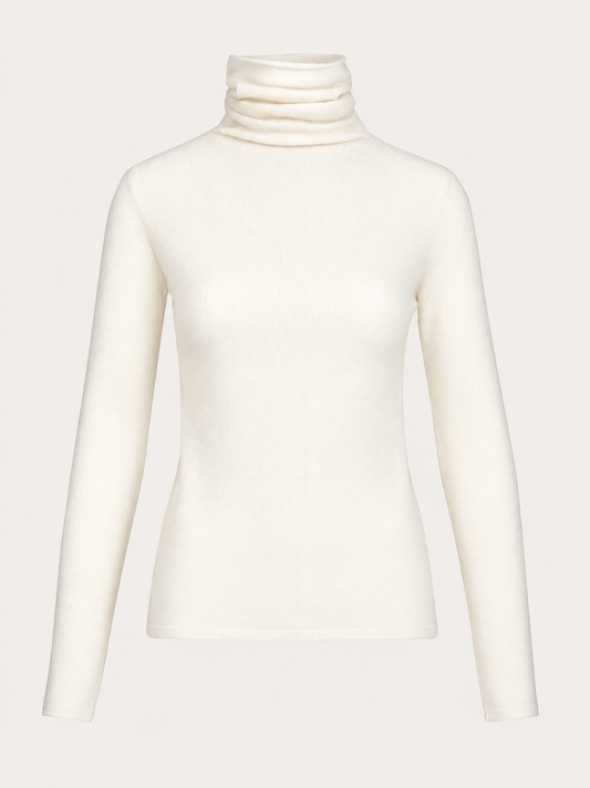 An off-white ribbed long-sleeve turtleneck sweater displayed on a ghost mannequin against a light beige background.