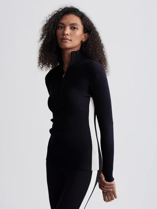 black ribbed jumper with zipped neck and white panel on side 