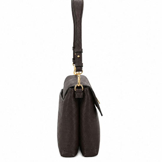 A dark brown textured leather shoulder bag shown from the side profile against a solid white background.