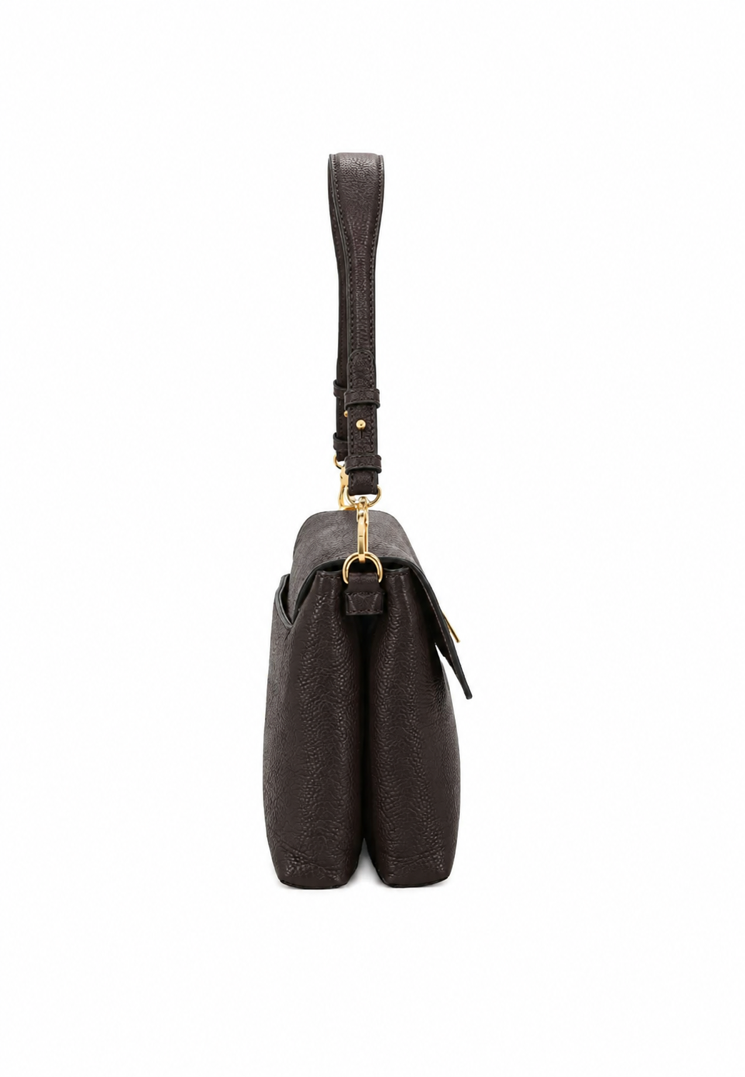 A dark brown textured leather shoulder bag shown from the side profile against a solid white background.