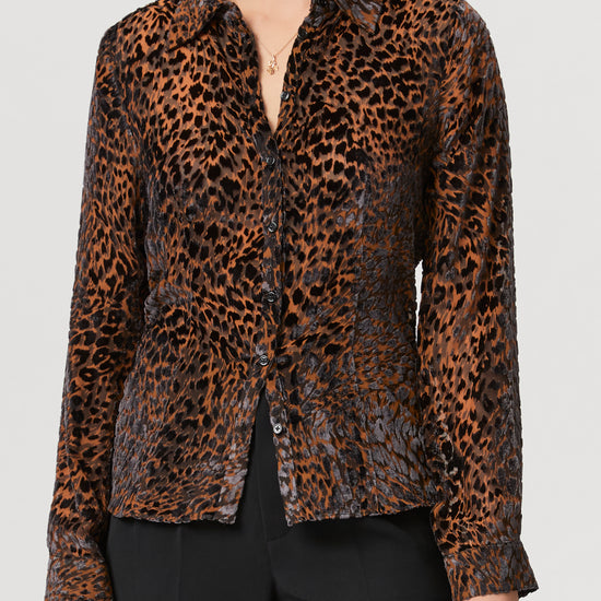 Animal print devore silk blend shirt in neutral tones