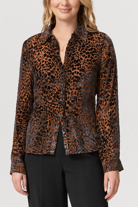 Animal print devore silk blend shirt in neutral tones