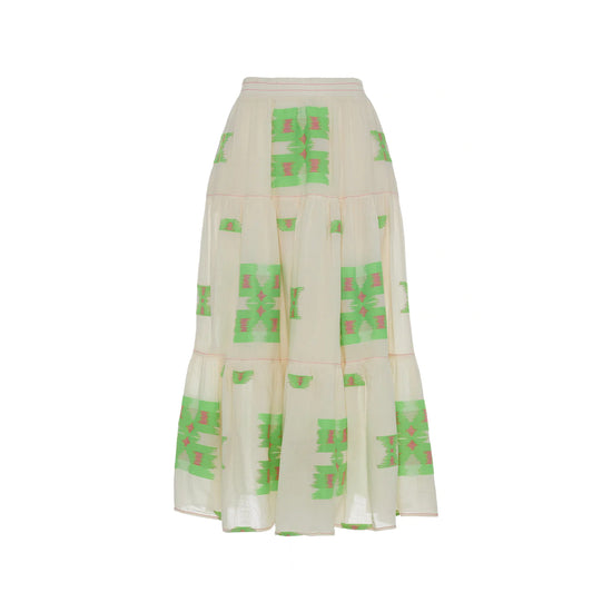 Midaxi skirt in ecru with lime green and pink abstract woven patterns throughout with a double tier and lining to the knee