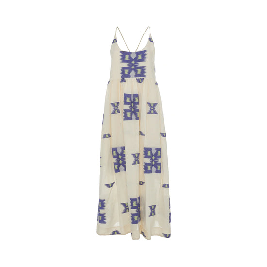 Ecru midi dress with empire line and spaghetti straps that cross at the back with blue and lime abstract woven design throughout