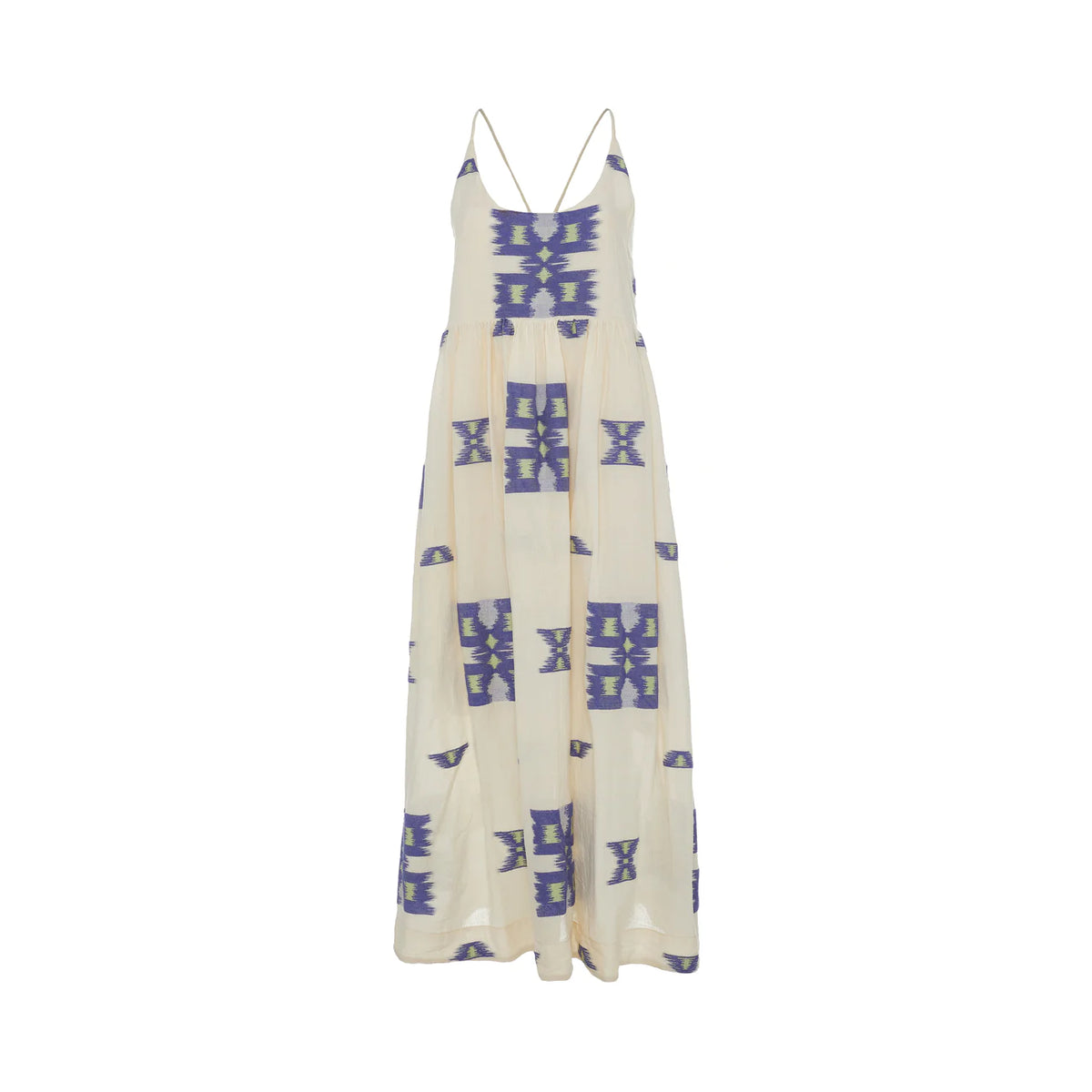 Ecru midi dress with empire line and spaghetti straps that cross at the back with blue and lime abstract woven design throughout