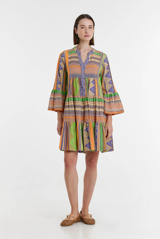 Biege notch neck beach dress with long fluted sleeves and tiered skirt with neon green orange and purple embroidery