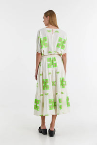 Midaxi skirt in ecru with lime green and pink abstract woven patterns throughout with a double tier and lining to the knee