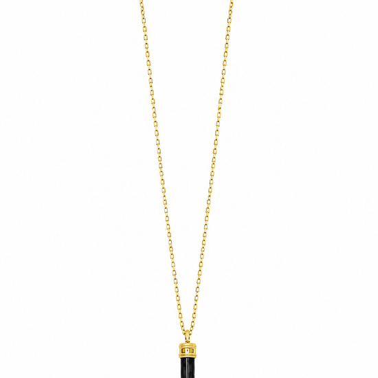 A gold chain necklace featuring a long, slender black pendant with a polished gold cap, displayed against a solid white background.