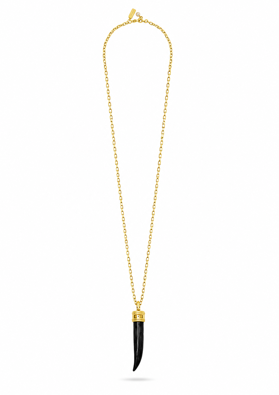 A gold chain necklace featuring a long, slender black pendant with a polished gold cap, displayed against a solid white background.