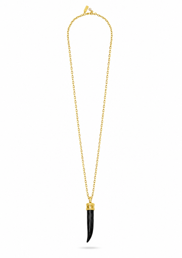 A gold chain necklace featuring a long, slender black pendant with a polished gold cap, displayed against a solid white background.