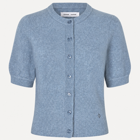 flat lay of a blue cardigan short sleeved with a plain white background 