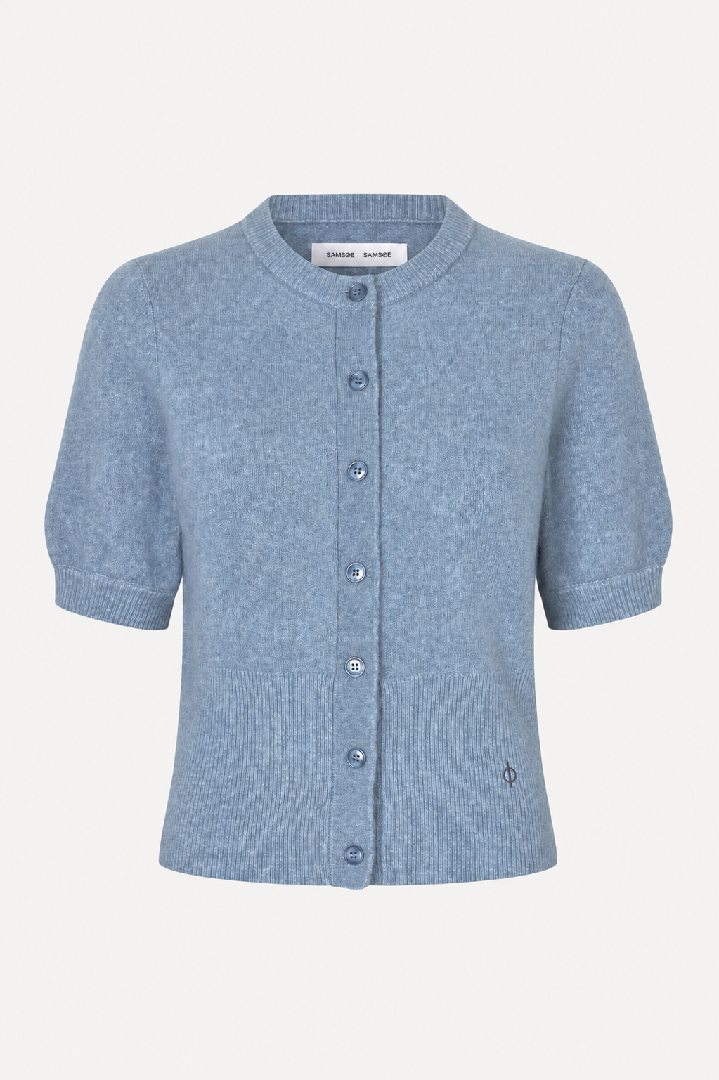 flat lay of a blue cardigan short sleeved with a plain white background 