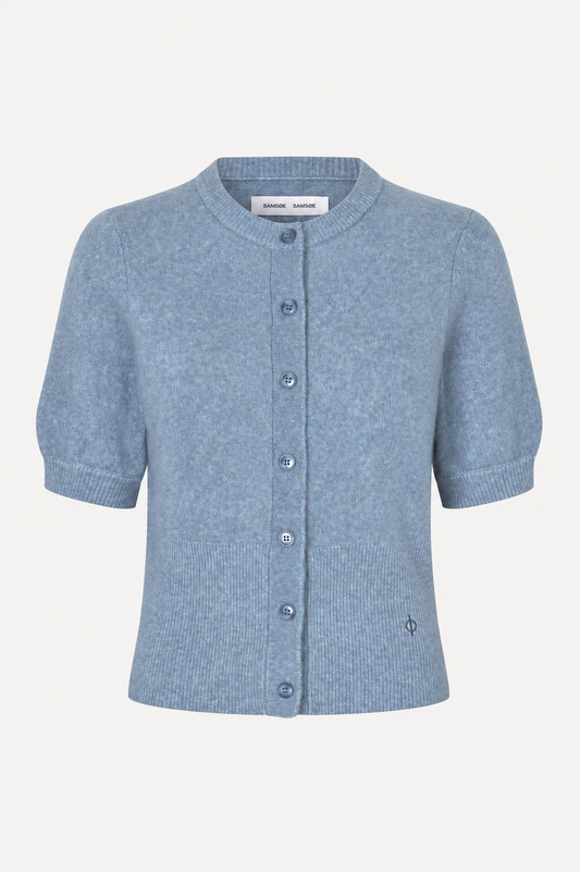 flat lay of a blue cardigan short sleeved with a plain white background 