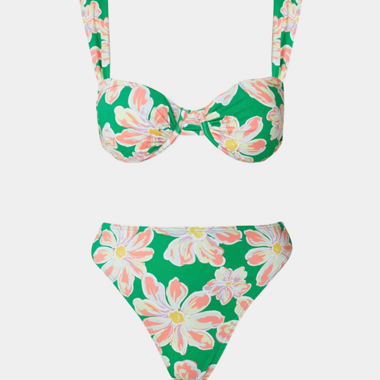 Green and floral print underwired bikini top with wide straps and a clip fasetening