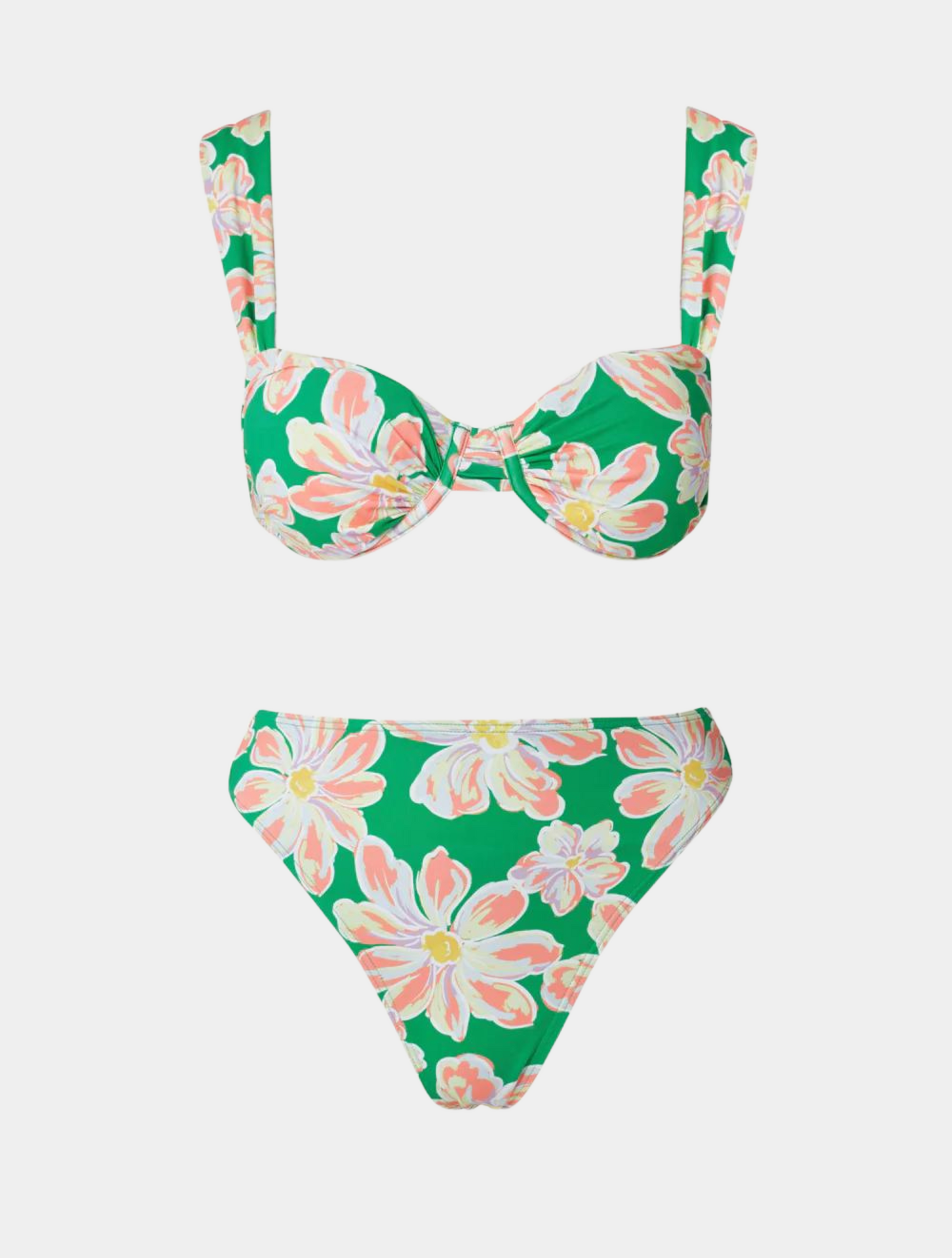 Green and floral print underwired bikini top with wide straps and a clip fasetening