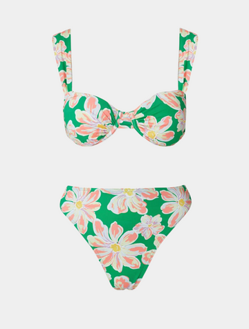 Green and floral print underwired bikini top with wide straps and a clip fasetening