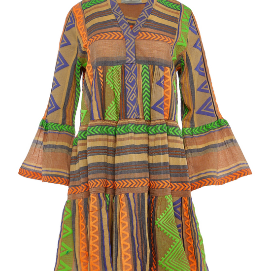 Biege notch neck beach dress with long fluted sleeves and tiered skirt with neon green orange and purple embroidery