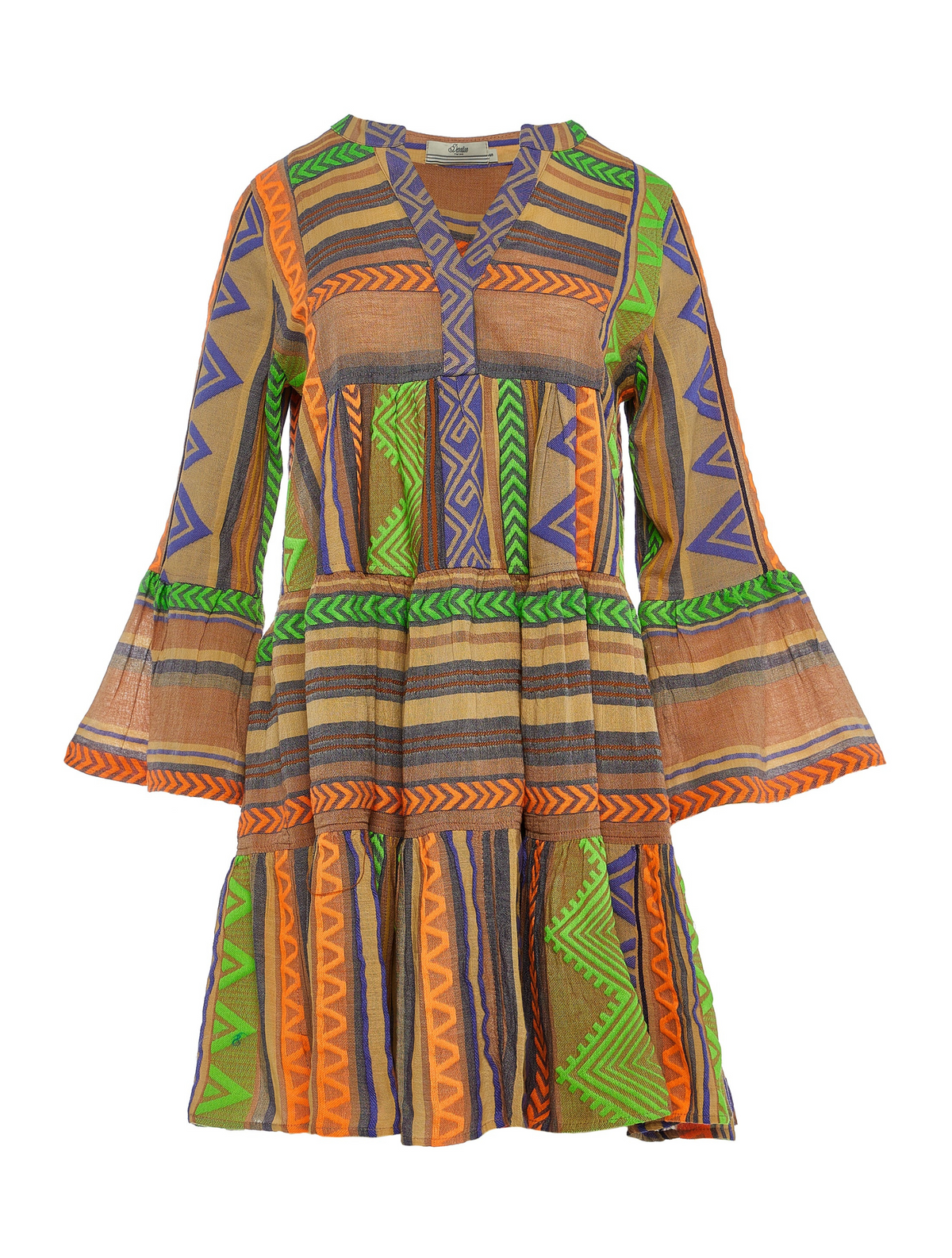 Biege notch neck beach dress with long fluted sleeves and tiered skirt with neon green orange and purple embroidery