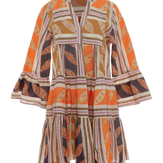 Notch neck short beach dress with long fluted sleeves and tiered skirt in orange and brown with lilac features