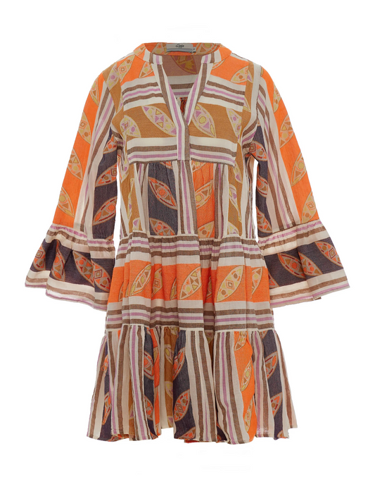 Notch neck short beach dress with long fluted sleeves and tiered skirt in orange and brown with lilac features