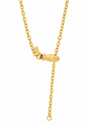 A gold chain necklace with a small hand-shaped charm and an adjustable drop tail, displayed on a clean white background.