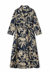 Navy dress with palm tree pattern on a white background