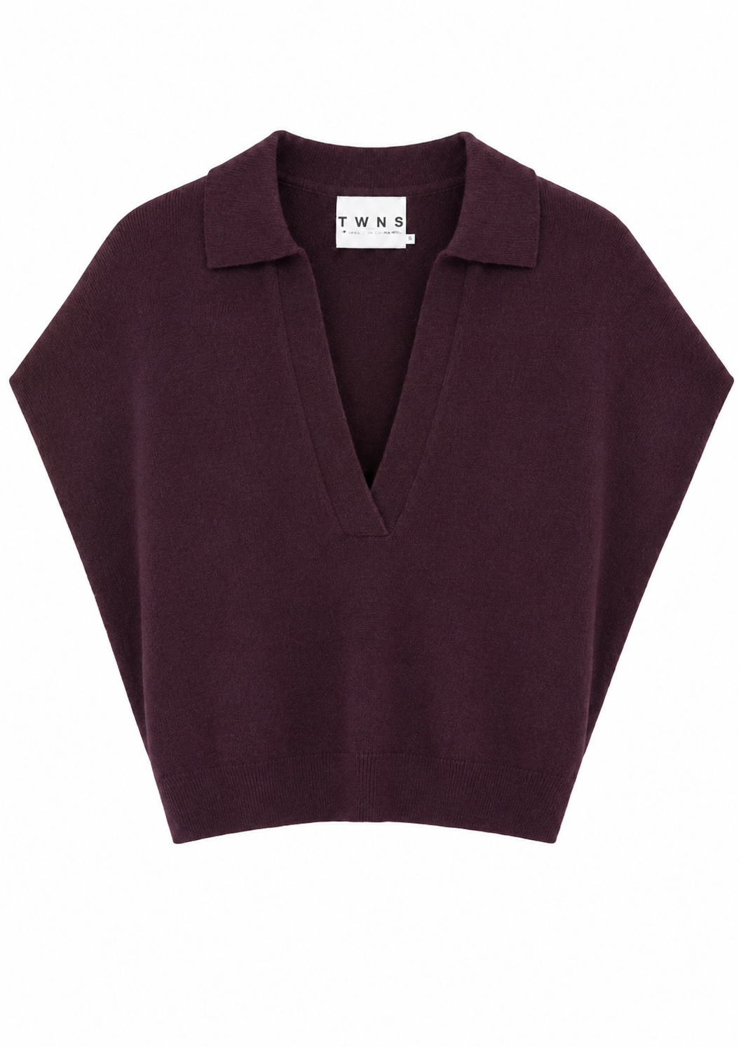 flat lay of a purple v neck knit with cap sleeves on a white background. with a collar and an open v neckline 