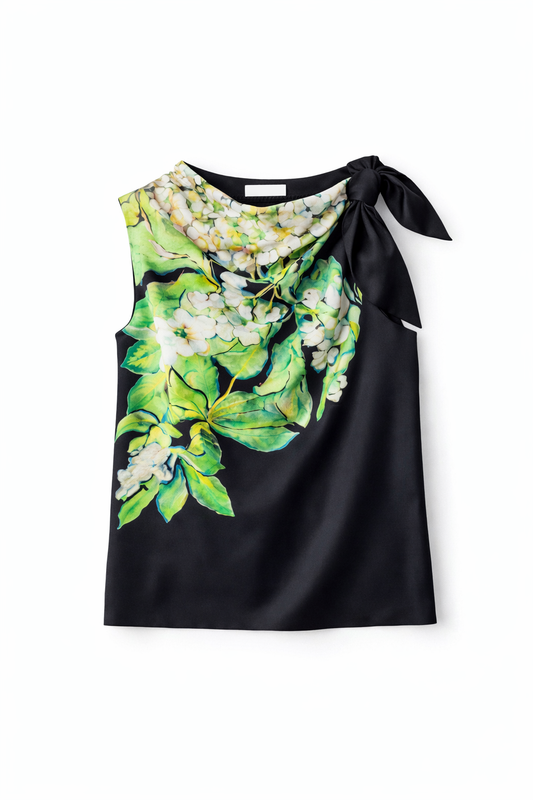 Black silk sleeveless top with floral design on a white background