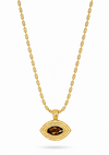 flat lay of a gold necklace with an evil eye pendant with a brown tigers eye stone on the pendant 