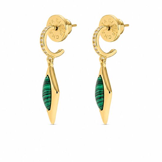 A pair of gold drop earrings with a curved post featuring a row of small clear stones, and a dangling leaf-shaped green malachite stone, shown on a plain white background.