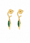 A pair of gold drop earrings with a curved post featuring a row of small clear stones, and a dangling leaf-shaped green malachite stone, shown on a plain white background.