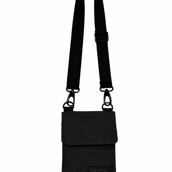 A black nylon crossbody phone bag with a long adjustable shoulder strap and a small black brand patch on the front pocket, shown against a plain white background.